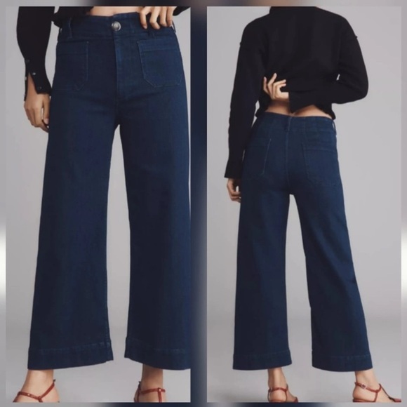 Anthropologie The Colette Crop High-Rise Wide-Leg Dark Blue Jeans by Maeve - Picture 4 of 14